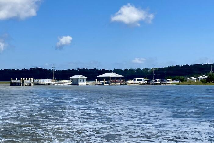The Sapelo Island dock as seen on Sept. 21, 2024, aboard a ferry departing the island.