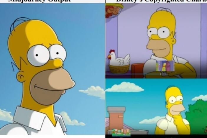 The <a href="https://media.npr.org/assets/artslife/movies/misc/midjourney.pdf"target="_blank"   >lawsuit</a> juxtaposes images of copyrighted characters, such as Disney's Homer Simpson, shown above on the right, beside images output by Midjourney, left.